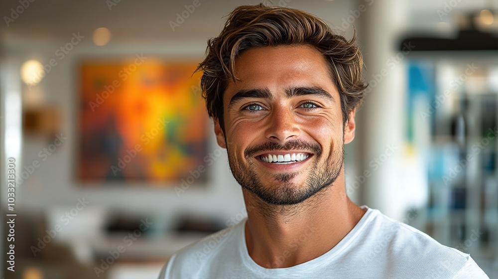 Obraz premium Realistic image of a 28-year-old man showing joy with a radiant smile and sparkling eyes, isolated on a clean, vibrant background. Emphasizes pure happiness. High resolution Illustration, in the