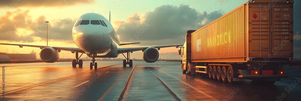 Fototapeta premium Airplane, cargo ship and truck on the highway with containers in background. 