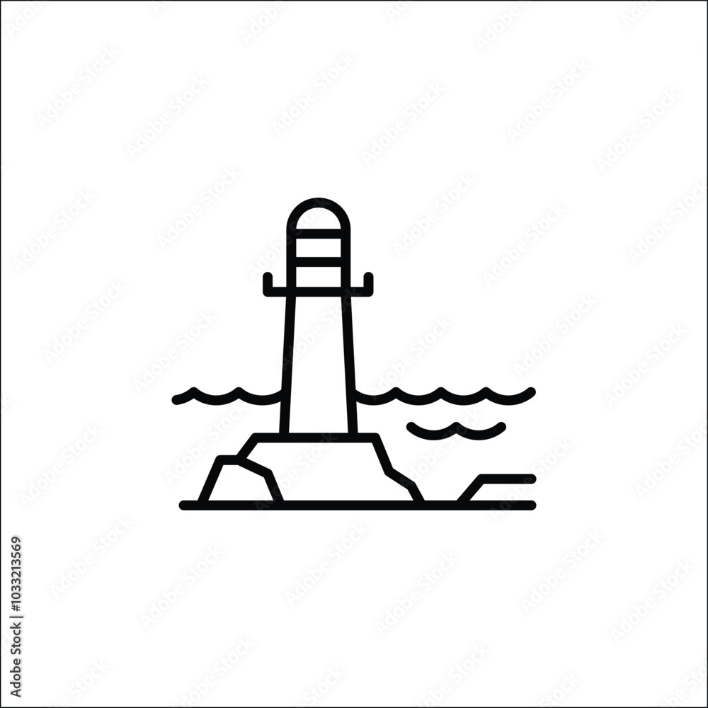 Lighthouse icon. Simple line art of a lighthouse and adjacent building, ideal for marine navigation, coastal, and seaside-themed designs. Vector illustration Lighthouse icon. Simple line art of a lighthouse and adjacent building, ideal for marine navigation, coastal, and seaside-themed designs. Vector illustration