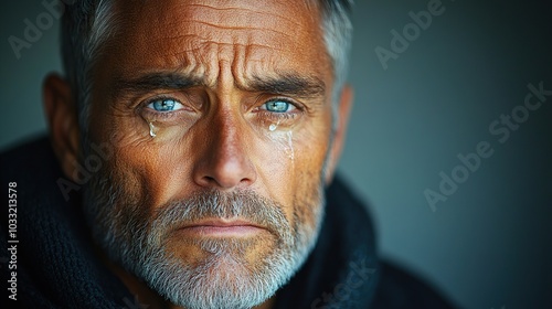 Realistic image of a 45-year-old man showing sadness with tearful eyes and a somber expression. Isolated on a clean background, highlighting emotional depth and sorrow. High resolution Illustration,