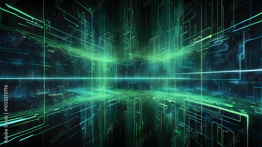 A digital landscape featuring green and blue lines in a futuristic, technological setting. A digital landscape featuring green and blue lines in a futuristic, technological setting.