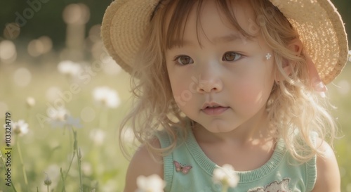 MinJi - Sweet Young Girl in Straw Hat and Floral Top Amidst Dandelion Field, Capturing Ethereal Summer Innocence