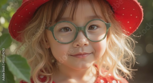 MinJi - Charming Young Girl in Red Hat and Teal Glasses Smiling Outdoors, Radiating Quirky Childhood Confidence