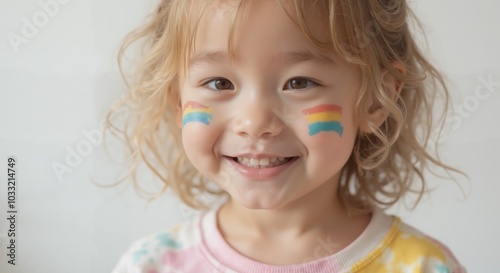 MinJi - Joyful Young Girl with Rainbow Face Paint Smiling Brightly, Embodying Colorful and Playful Childhood Spirit