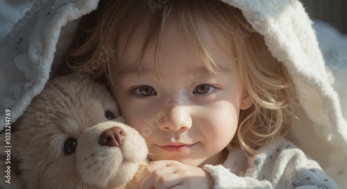 MinJi - Cozy Portrait of Blonde Toddler Snuggling with Soft Teddy Bear, Capturing Tender Moments of Childhood Comfort