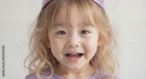 MinJi - Joyful Young Girl with Curly Blonde Hair Laughing Heartily, Radiating Pure Childhood Happiness in Soft Lighting