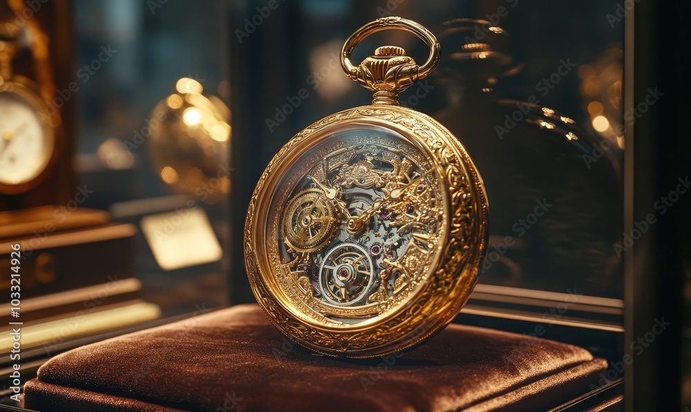 Gold pocket watch with ornate details on velvet. Gold pocket watch with ornate details on velvet.