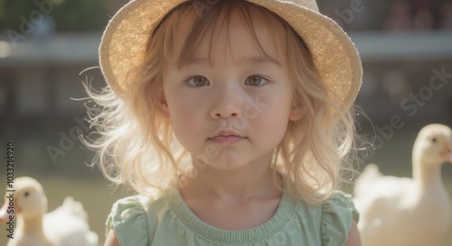MinJi - Thoughtful Young Girl in Straw Hat and Green Top Surrounded by Baby Chicks, Capturing Gentle Farm Interaction