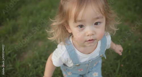 MinJi - Curious Toddler Girl in Blue Overalls Exploring Grassy Outdoors, Embodying Childhood Wonder in Nature