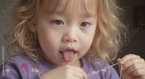 MinJi - Playful Young Girl in Purple Top Sticking Out Tongue, Capturing Mischievous and Fun Childhood Moment