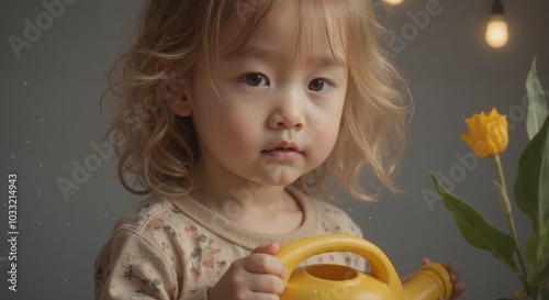 MinJi - Contemplative Toddler Girl with Curly Blonde Hair Holding Yellow Tulip, Capturing Gentle Curiosity and Floral Wonder