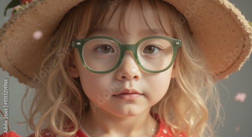 MinJi - Adorable Girl in Straw Hat and Green Glasses, Capturing Quirky and Stylish Childhood Fashion Sense