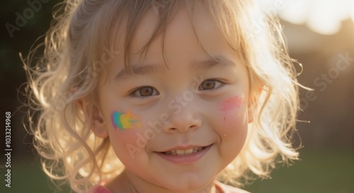 MinJi - Radiant Young Girl with Rainbow Face Paint Smiling in Sunlight, Showcasing Colorful and Happy Childhood Moments