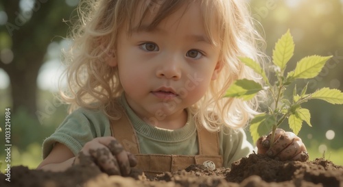 MinJi - Curious Toddler Girl Exploring Nature, Digging in Soil with Hands Amidst Green Leaves