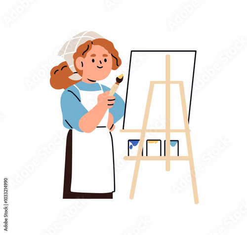 Happy girl painting on canvas. Creative school kid student holding brush, standing by easel in art class. Cute talented child artist drawing. Flat vector illustration isolated on white background