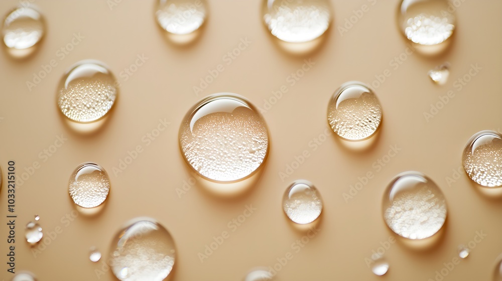 Minimalist top view of clear water droplets on beige, focusing on surface tension and light refraction, subtle elegant details Minimalist top view of clear water droplets on beige, focusing on surface tension and light refraction, subtle elegant details