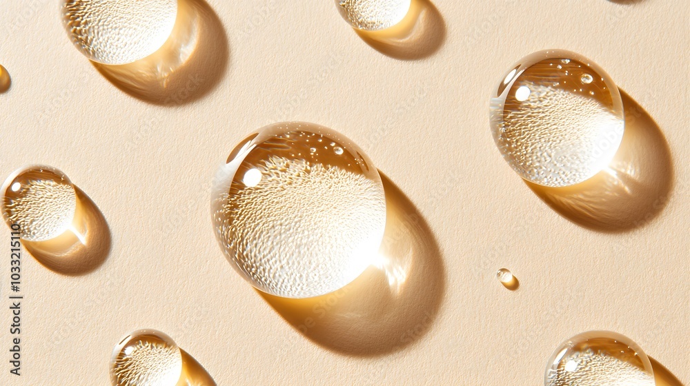 Minimalist top view of clear water droplets on beige, focusing on surface tension and light refraction, subtle elegant details Minimalist top view of clear water droplets on beige, focusing on surface tension and light refraction, subtle elegant details