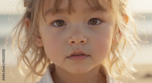 MinJi - Pensive Young Girl with Soft Curls in Sunlight, Capturing Quiet Moments of Childhood Contemplation