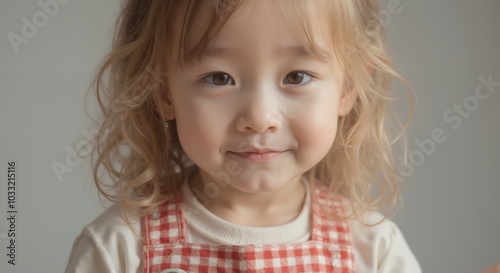 MinJi - Cheerful Toddler Girl in Red Gingham Apron, Embodying Sweet Childhood Nostalgia and Home Cooking Fun