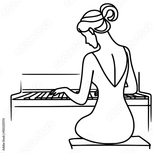 Contour vector drawing of a woman in a dress with an open back playing the piano, rear view, made in a minimalist style with one continuous line