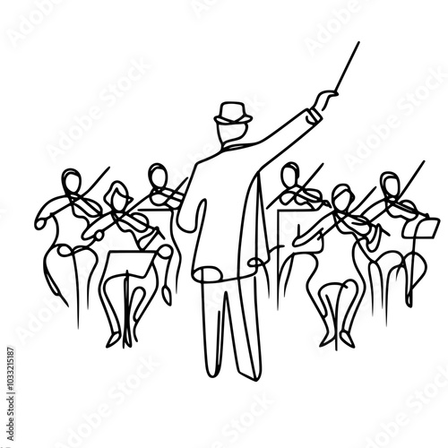 An outline vector drawing of a conductor and orchestra, done in a minimalist style with one continuous line, creating an elegant and artistic image.