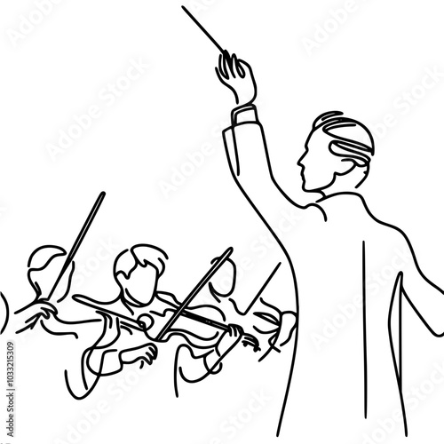 Outline vector drawing of a conductor waving his baton and an orchestra, made in a minimalist style with one continuous line