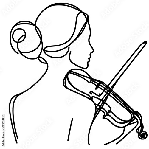 Linear vector contour drawing of a beautiful graceful girl playing the violin, back view