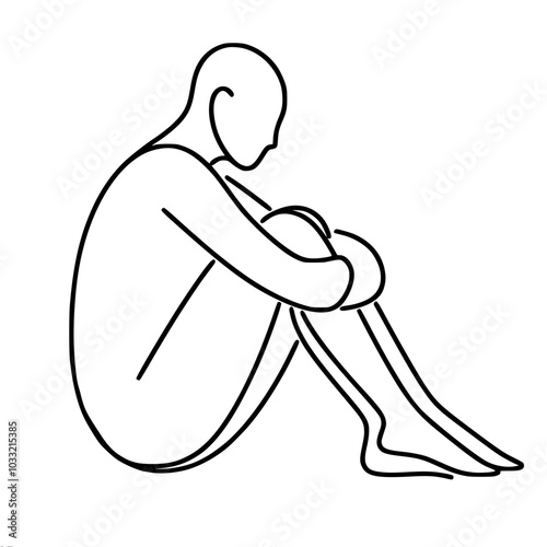Contour vector drawing of a man sitting sadly thinking and hugging his knees, a moment of reflection, made in a minimalist style with one continuous line