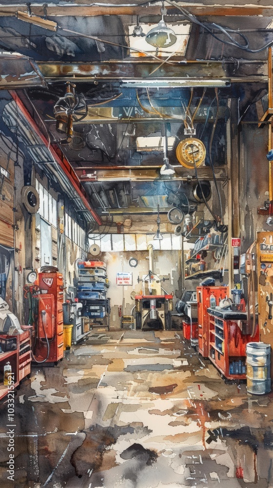 Obraz premium Produce a watercolor painting of an automotive repair shop near me