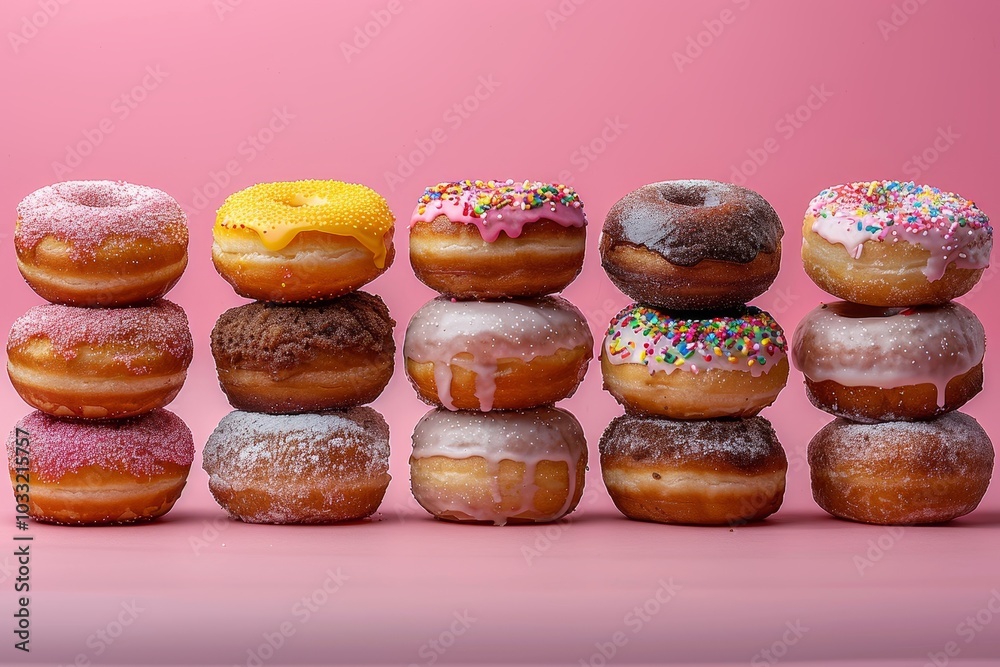 A Tower of Sweet Delights: A Colorful Array of Donuts A Tower of Sweet Delights: A Colorful Array of Donuts