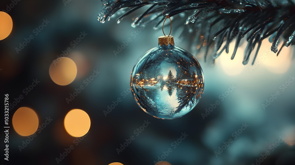 A beautiful clear glass ball that hangs on a Christmas tree. A beautiful clear glass ball that hangs on a Christmas tree.