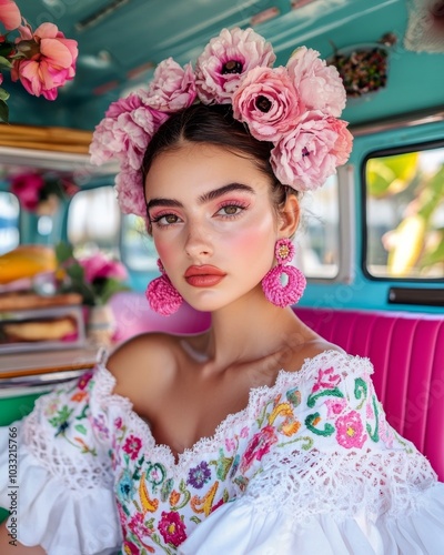 A glamorously dressed woman in a floral embroidered dress and pink flower crown, radiating poise and sophistication in a stylish interior setting. photo