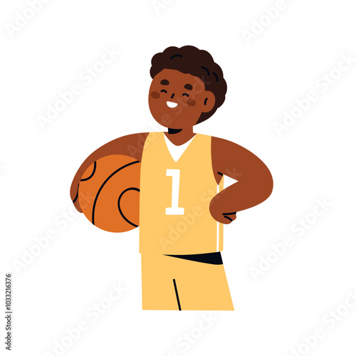 Happy boy, basketball player. African American kid holding ball, smiling with pride. Cute sport child, athlete, schoolboy in sportswear. Flat vector illustration isolated on white background