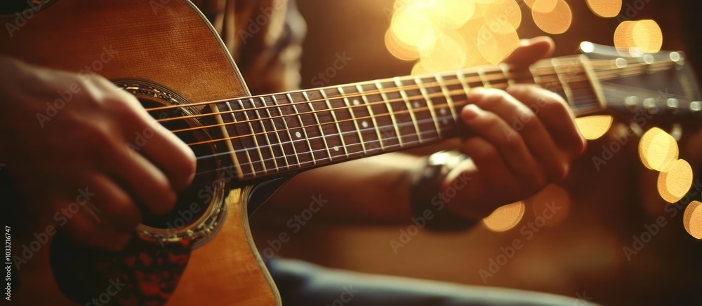 Fototapeta premium Close up of a man's hands playing an acoustic guitar with blurred lights in the background.