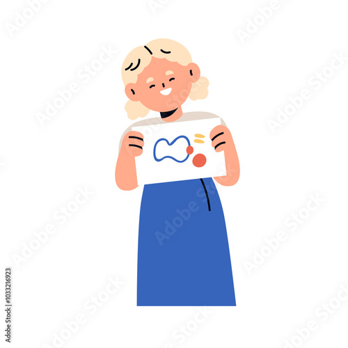 Happy girl showing drawing on paper. Creative kid student holding abstract painting. Cute school child, artist with art, artwork in hands. Flat vector illustration isolated on white background