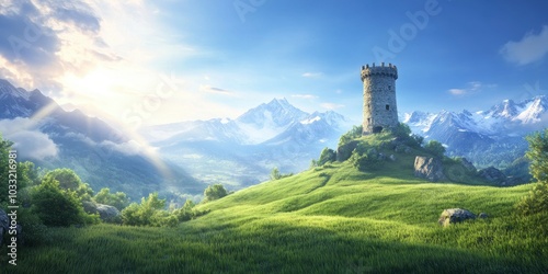 old medieval tower at beautiful mountain landscape with lush green grass, snow capped peaks in the background
