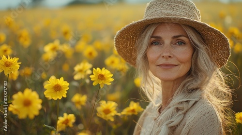 A woman with long hair and a straw hat smiling in a field of yellow flowers during golden hour