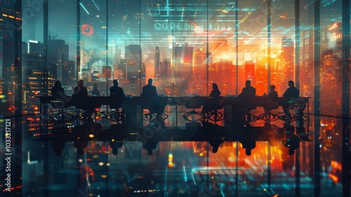 A board of directors convenes in a high-rise European office, their reflections creating a multiple exposure effect with a competitive advantage chart. photo