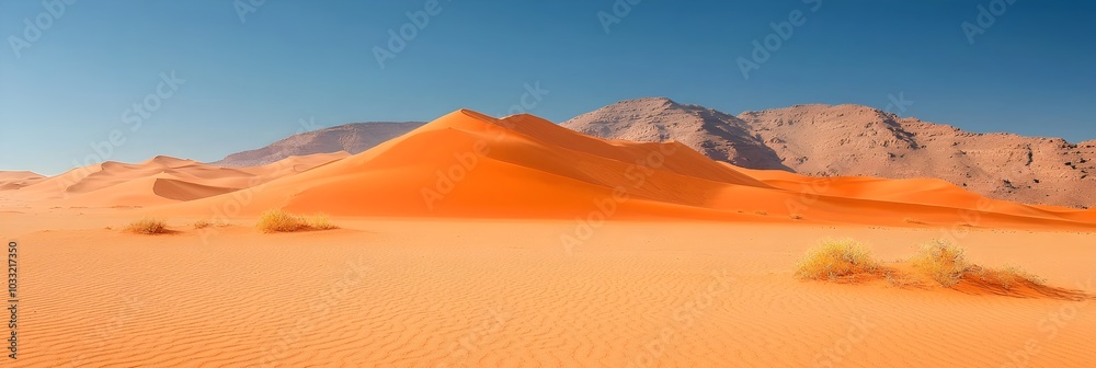 Naklejka premium Shifting sands of the arid desert landscape illustrating the gradual weathering and erosion processes that shape the dramatic geological formations over time This minimalist