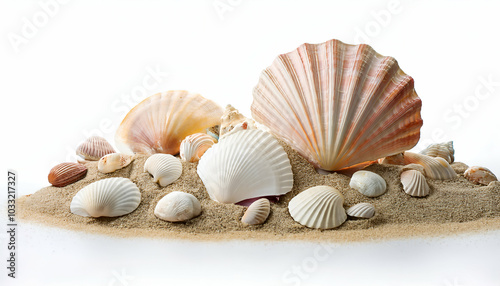 seashells on a white background.A clean beach scene with natural sand grains and delicately placed seashells, isolated on a white background. The shells include conches, scallops, and small sand dolla photo