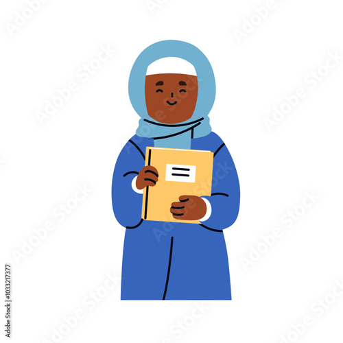 Happy girl student in hijab holding book. Smiling Muslim school kid, wearing ...