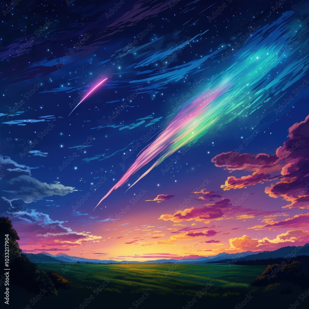 Fototapeta premium Two shooting stars streak across the night sky