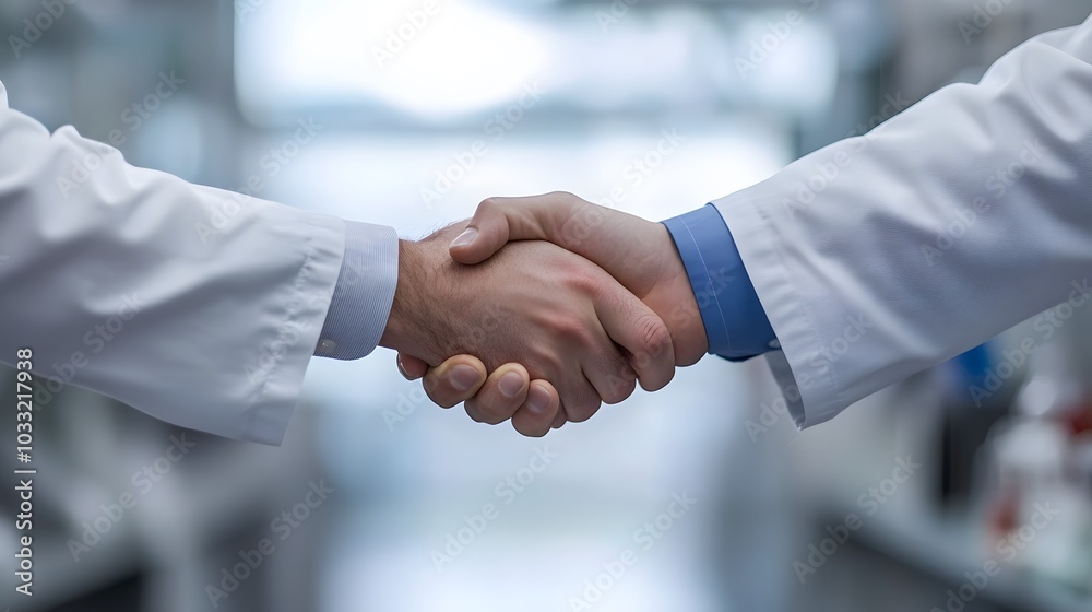 Two People in White Coats Shaking Hands in a Blurry Background Two People in White Coats Shaking Hands in a Blurry Background