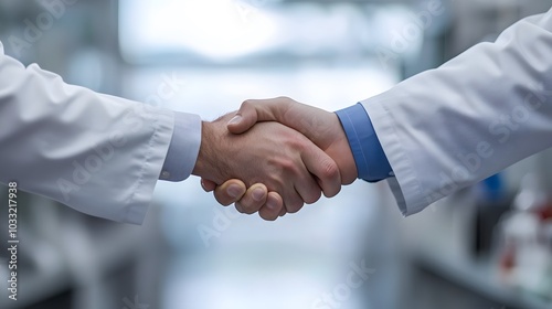 Two People in White Coats Shaking Hands in a Blurry Background