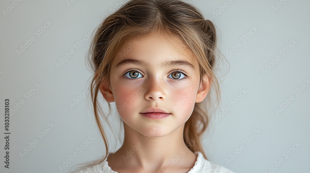Realistic face of a 9-year-old girl showing interest, with an engaged expression and focused eyes, isolated on a clean, minimal background. Showcases curiosity. High resolution Illustration, in the Realistic face of a 9-year-old girl showing interest, with an engaged expression and focused eyes, isolated on a clean, minimal background. Showcases curiosity. High resolution Illustration, in the