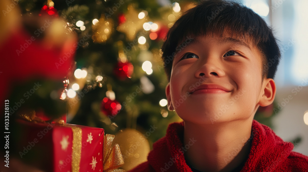 Asian teenager boy smiling with a happy face with Christmas presents and gifts are next to the Christmas tree on Christmas Eve during the holidays season , teen is waiting to open the boxes Asian teenager boy smiling with a happy face with Christmas presents and gifts are next to the Christmas tree on Christmas Eve during the holidays season , teen is waiting to open the boxes