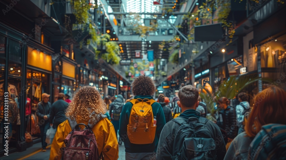 A group of travelers walking through a narrow, lively street lined with shops and colorful lanterns, creating a vibrant and energetic atmosphere. A group of travelers walking through a narrow, lively street lined with shops and colorful lanterns, creating a vibrant and energetic atmosphere.
