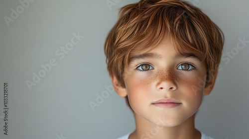 Portrait of a 12-year-old boy showing interest, with a thoughtful expression and engaged gaze, isolated on a clean, minimal background. Showcases curiosity. High resolution Illustration, in the style