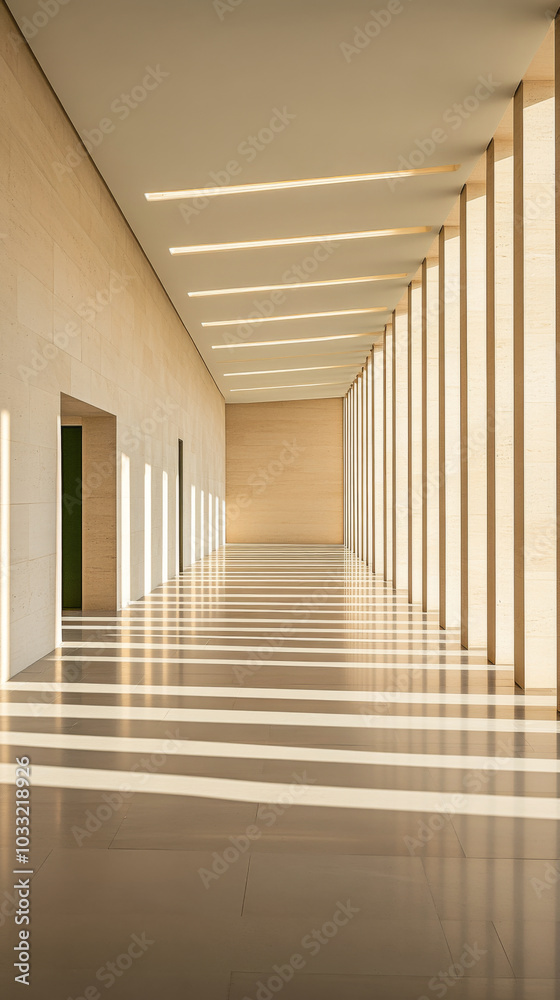 Fototapeta premium Modern architectural hallway with sunlight casting lines in a minimalist interior space