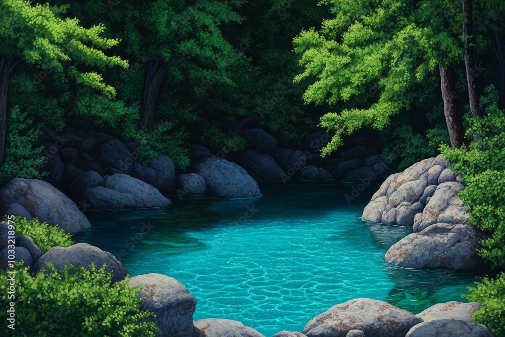 Naklejka premium Idyllic Mountain Stream Encircled by Vibrant Green Foliage and Rocks, Capturing Nature's Serenity. Generative AI